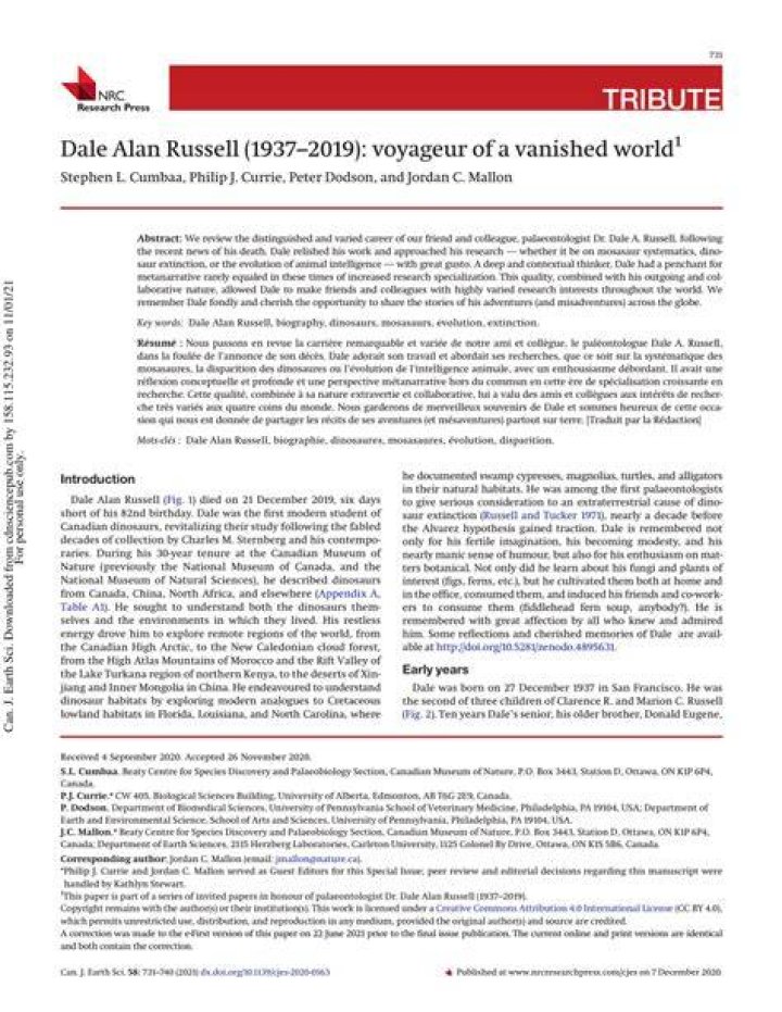 Dale Alan Russell (19372019) voyageur of a vanished world1
